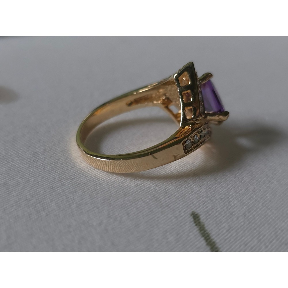 Art Deco Gold Tone Purple Amethyst Color Crystal Statement Cocktail Ring Size 10 - Picture 3 of 7